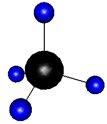 用 rgl 包画出来的甲烷分子立体结构：四个氢原子和一个碳原子。